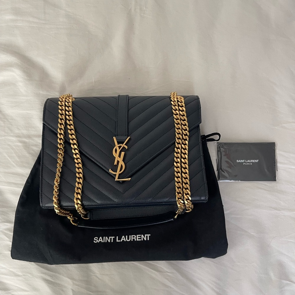 Saint Laurent Navy Quilted Shoulder Bag with Gold Chains